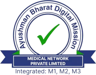 Ayushman Bharat Digital Mission badge — Medical Network Private Limited, integrated M1, M2, M3