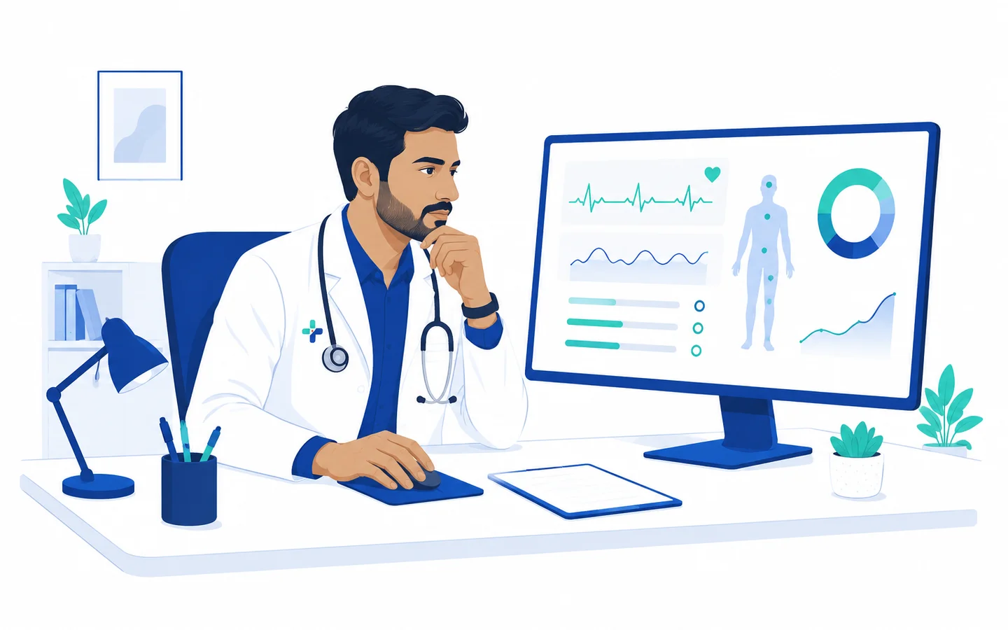Illustration: a doctor studying patient vitals and a risk chart on screen, hand on the mouse — the doctor deciding, the screen assisting