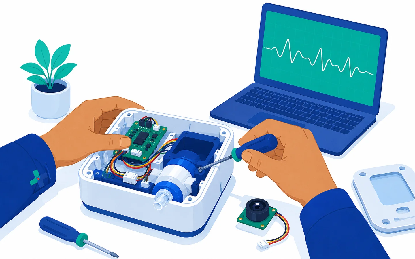Illustration: hands assembling a prototype medical device on a workbench, a camera module beside it and a laptop showing a waveform