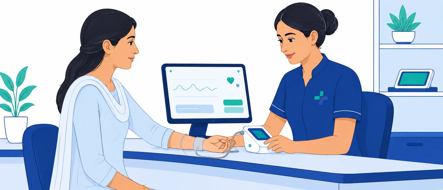 Illustration: an e-clinic operator taking a patient’s blood-pressure reading with a connected device while the result shows on the counter screen
