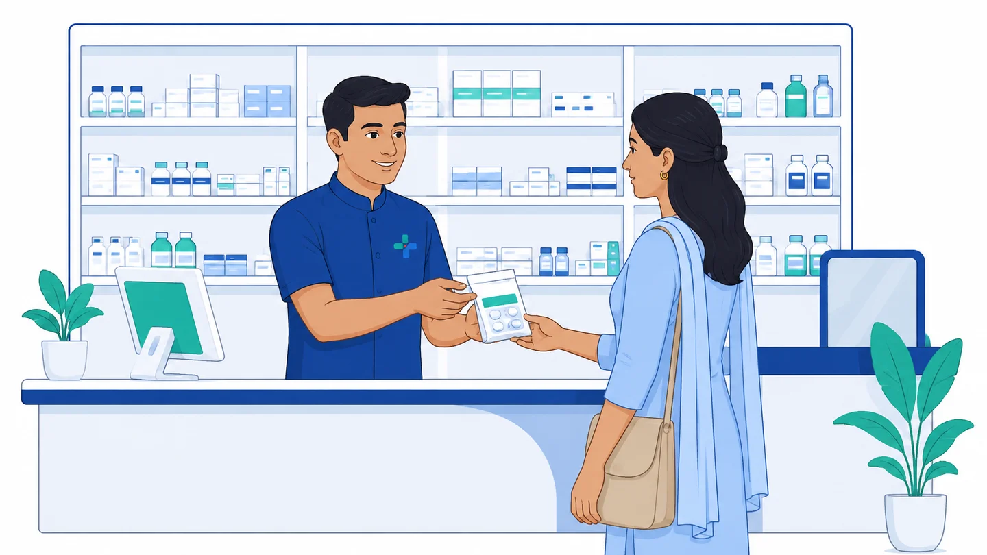 Illustration: a pharmacist at a modern pharmacy counter handing a medicine packet to a customer, stocked shelves behind