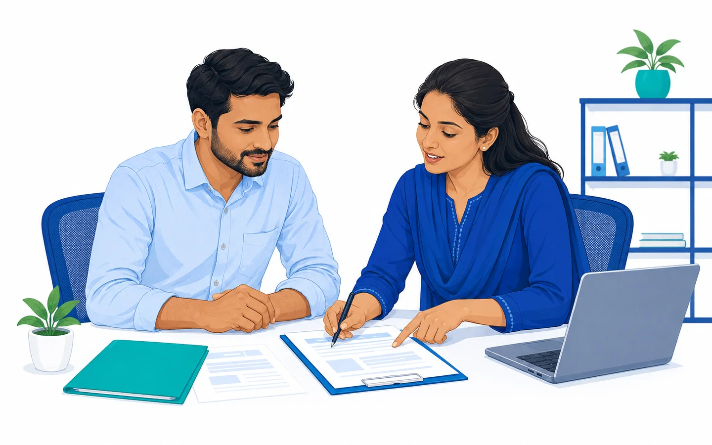 Illustration: an advisor going through loan paperwork with a franchise applicant, pointing out a line on the document