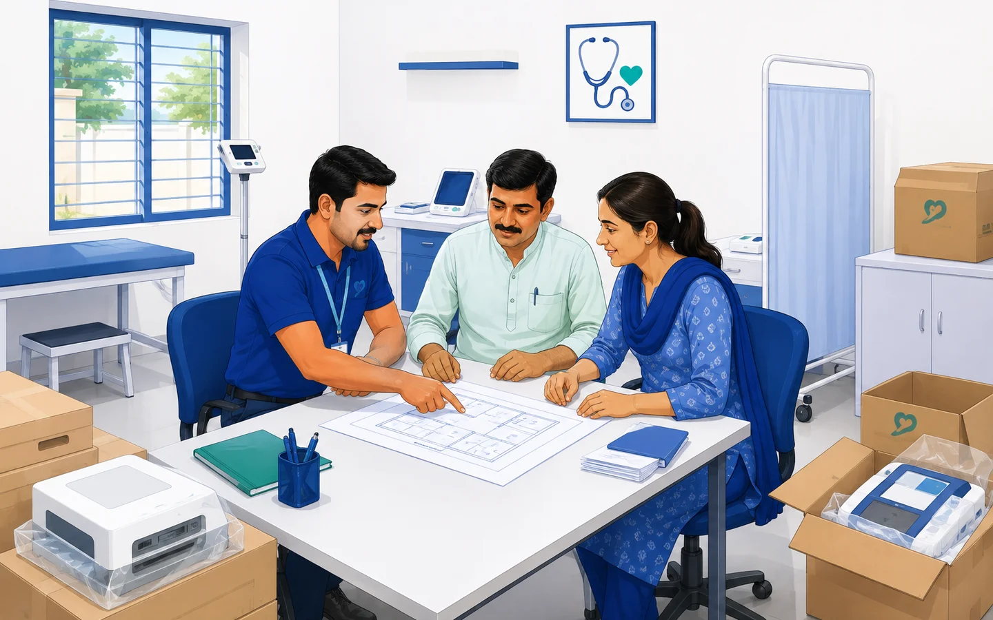 Illustration: a ClinicWala team member going over the clinic floor plan with a franchisee couple, equipment boxes waiting around them
