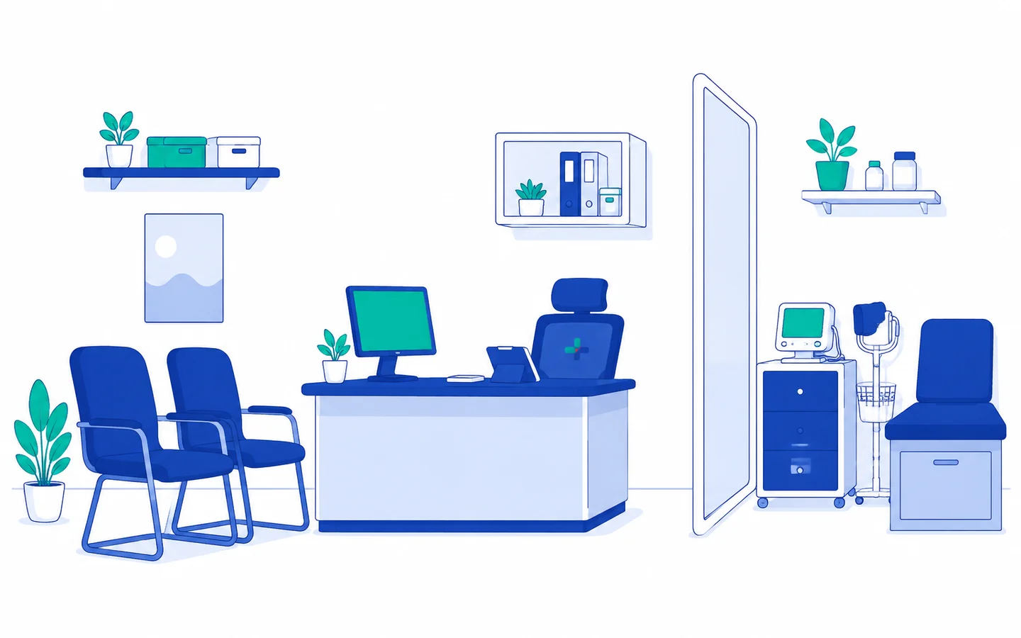 Illustration: a compact one-room e-clinic — consultation desk with screen, two waiting chairs, a vitals corner and an examination bed behind a partition