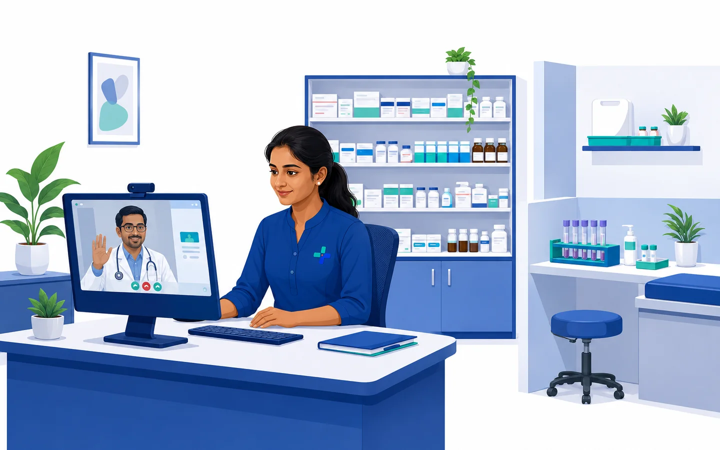 Illustration: one e-clinic room running three businesses — an operator on a video consultation, medicine shelves behind, and a sample-collection corner beside