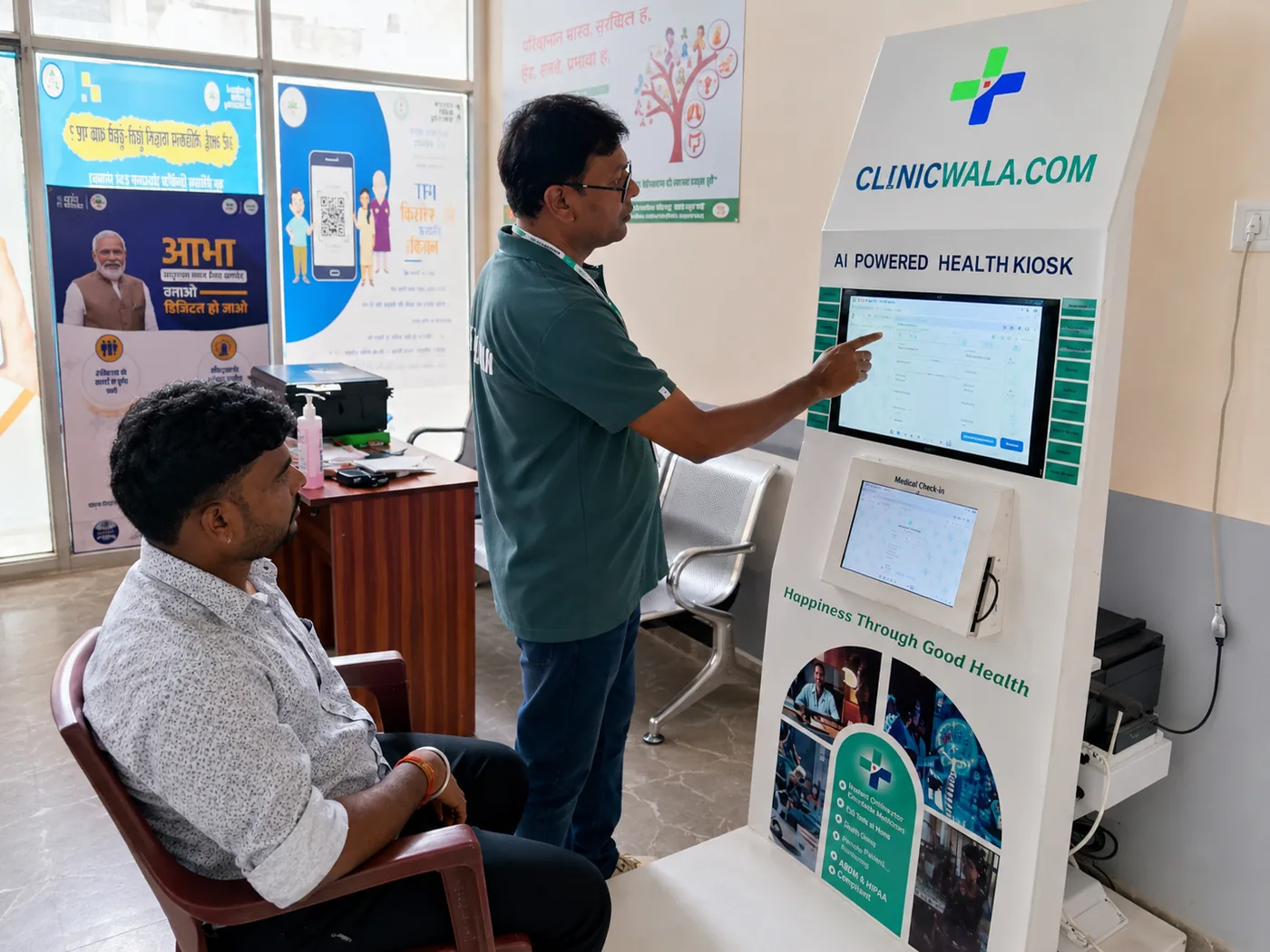 A ClinicWala AI-powered health kiosk in use inside a government health facility — a health worker operating the touchscreen while a patient waits to be screened, ABHA and Ayushman Bharat posters on the wall behind