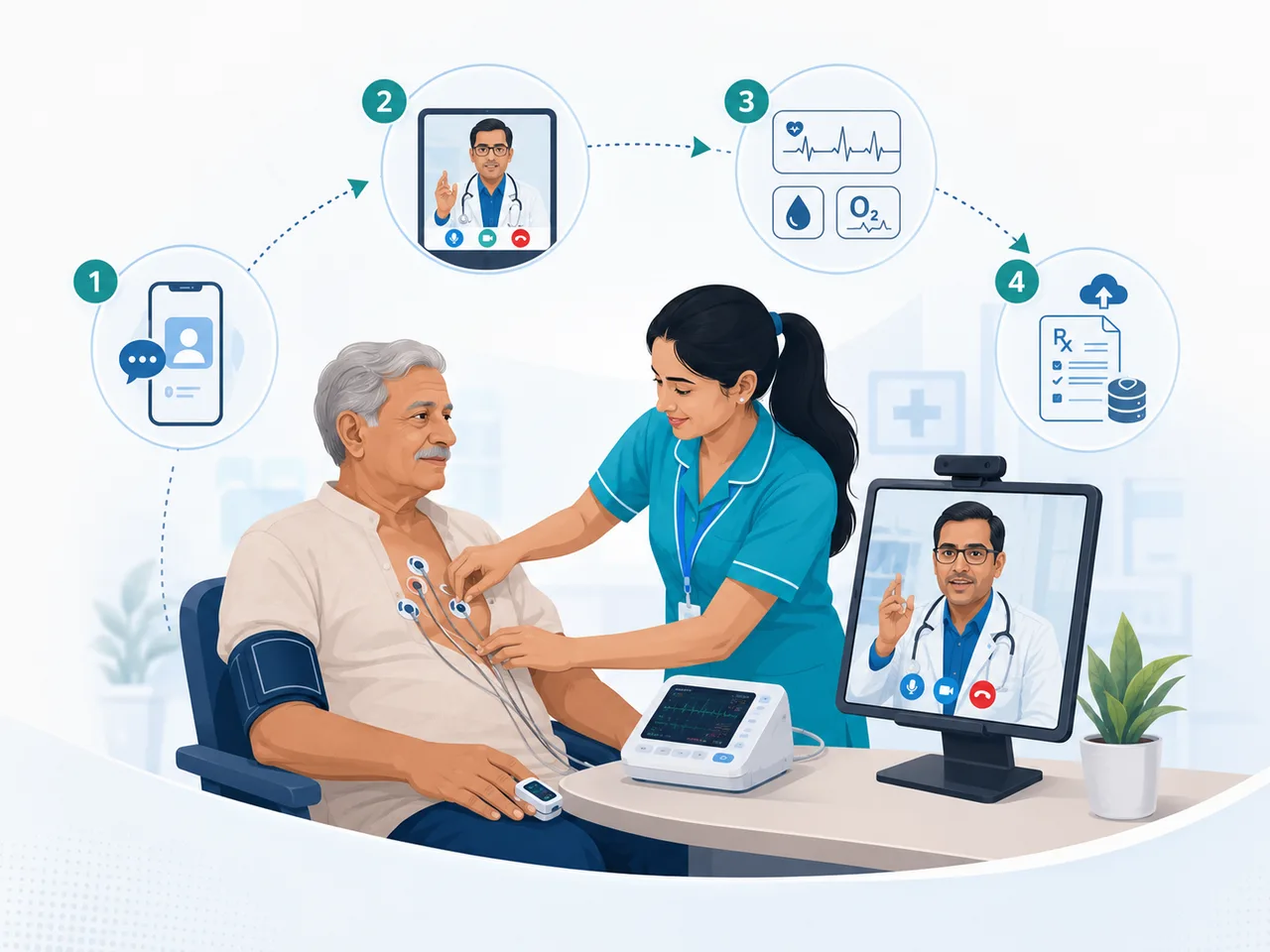 Illustration: a nurse attaches ECG leads to an elderly man at an e-clinic while the doctor watches the trace live on a video call