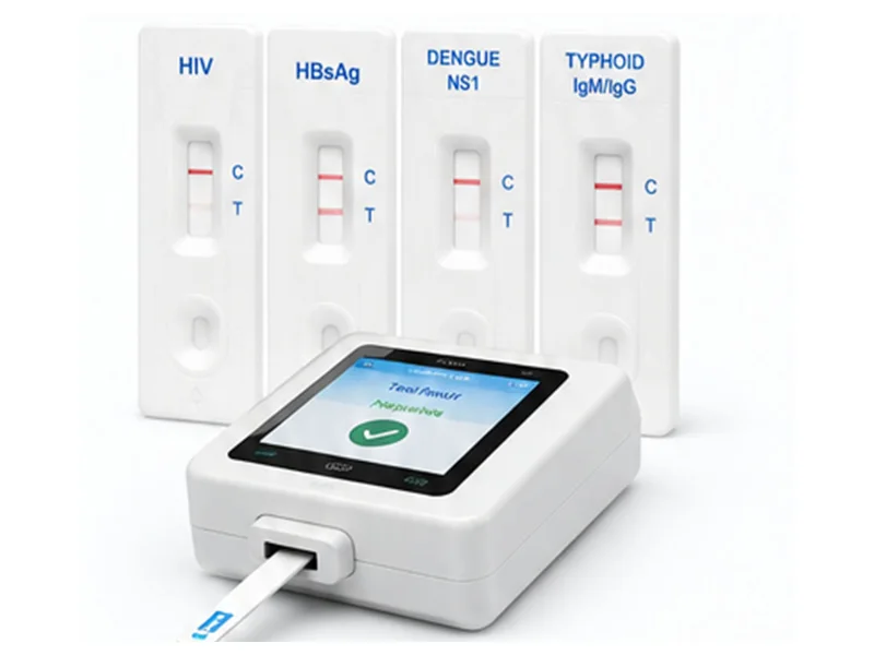 उत्पाद चित्र: HIV, HBsAg, डेंगू NS1 और टाइफ़ॉइड की रैपिड टेस्ट कैसेट और रीडर