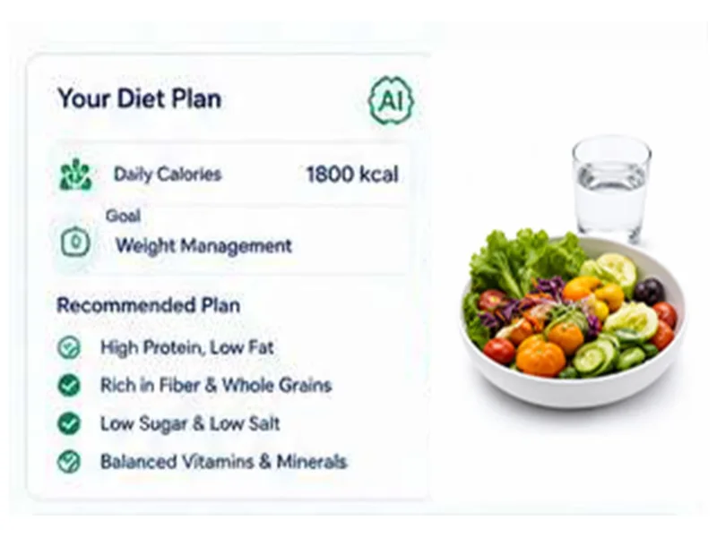 Interface mock-up: a diet plan with daily calories, goal and a recommended plan