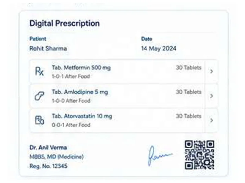 Interface mock-up: a digital prescription listing medicines with dosage, the doctor’s registration number and a QR code