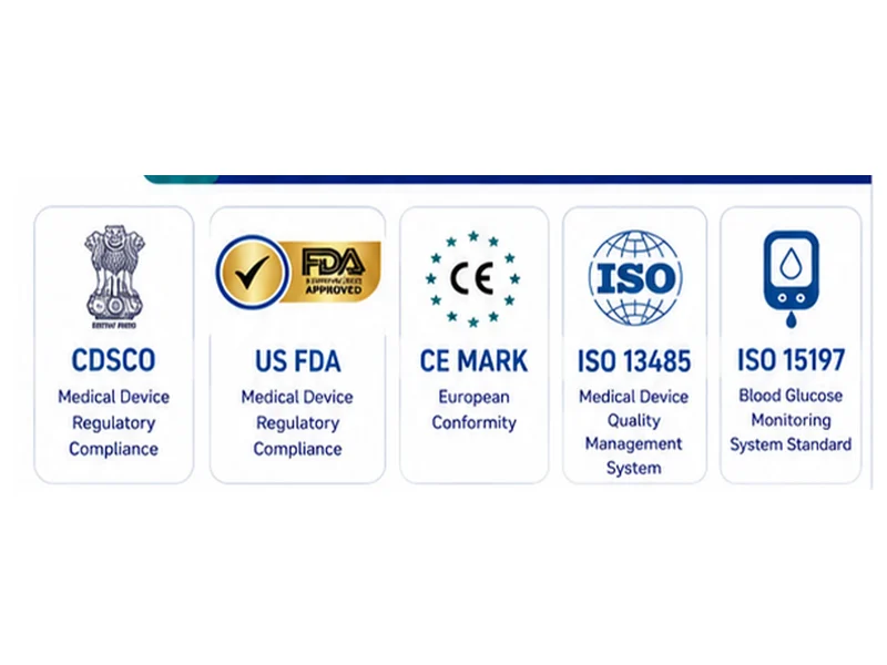 प्रमाणन बैज: CDSCO, US FDA, CE मार्क, ISO 13485 और ISO 15197