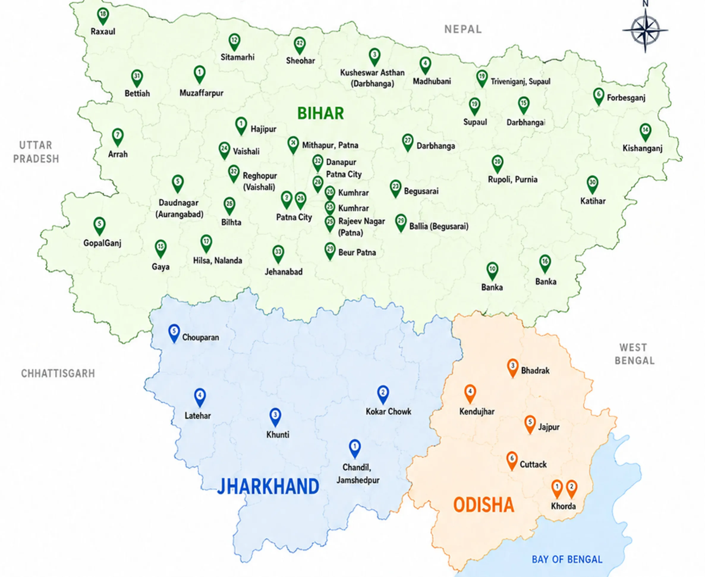 Map of ClinicWala telemedicine centres: 48 pins across Bihar, 5 across Jharkhand and 6 across Odisha, each labelled with its town