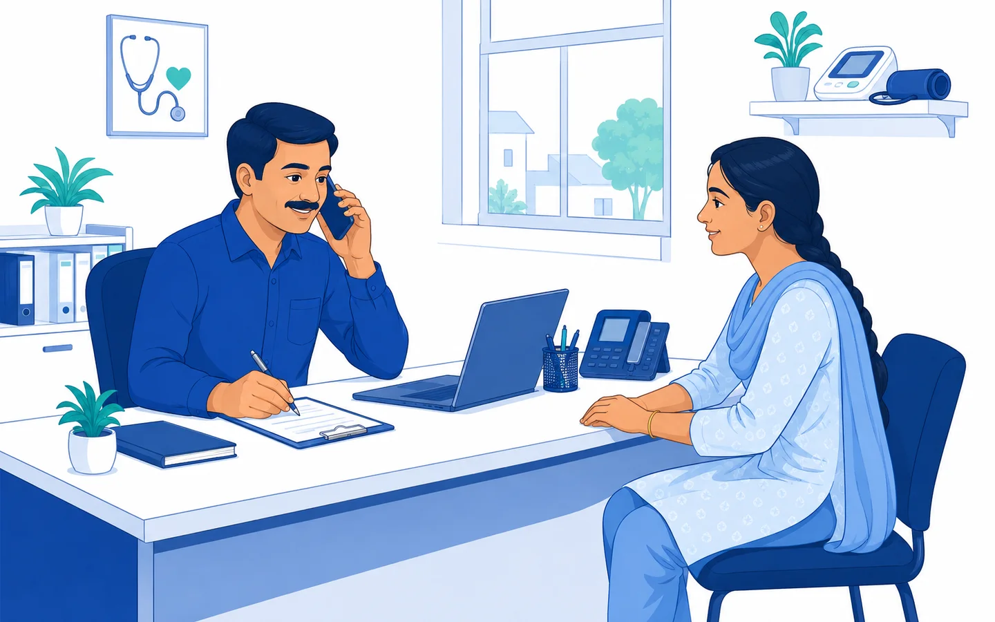 Illustration: an e-clinic operator on the phone arranging a hospital appointment while the patient sits across the desk