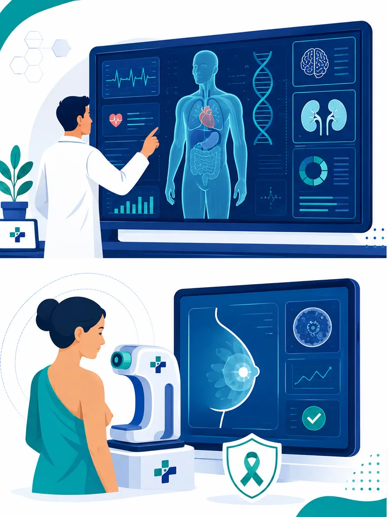 Illustration: two research scenes — a researcher at a display showing a patient’s digital twin, and a woman at an AI-assisted breast-screening device