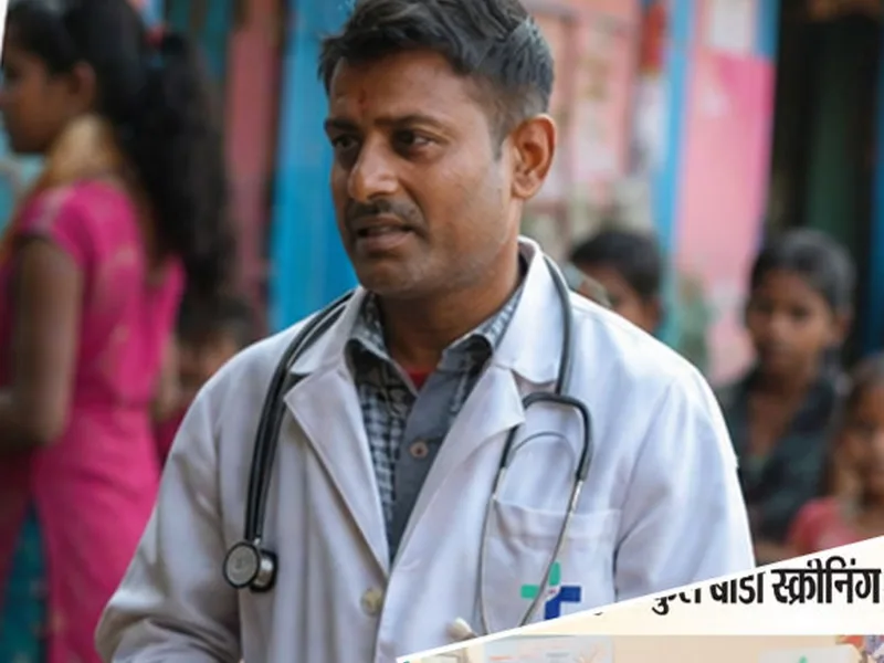 A doctor in a white coat with a stethoscope standing among villagers at a camp