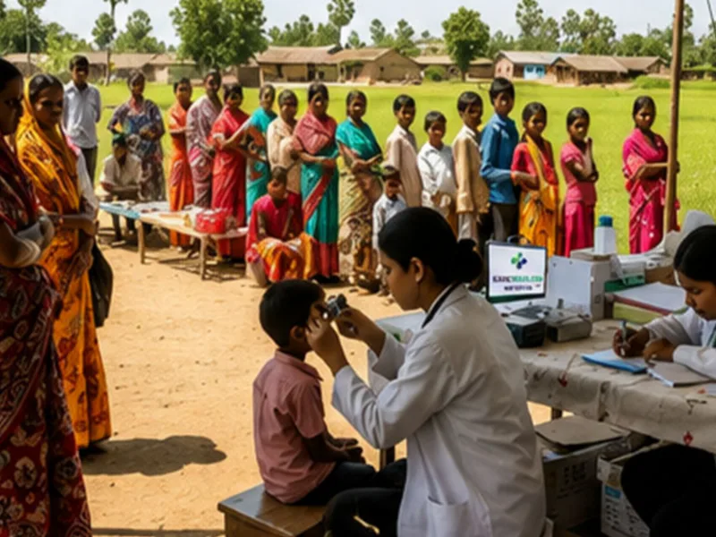 Villagers queuing at an open-air ClinicWala screening camp while a health worker performs an eye examination