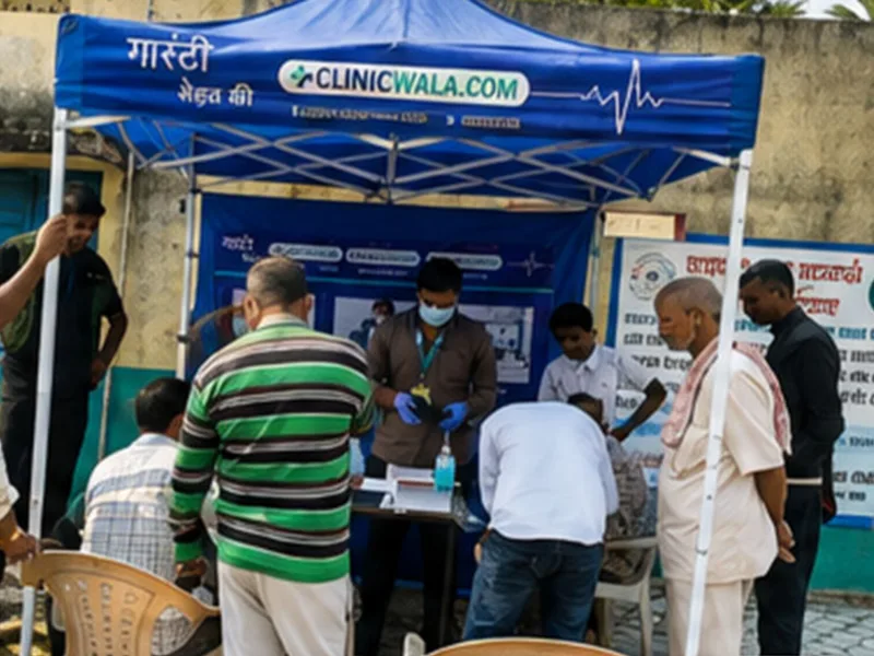A ClinicWala camp running under a yellow canopy, staff screening seated villagers while others wait