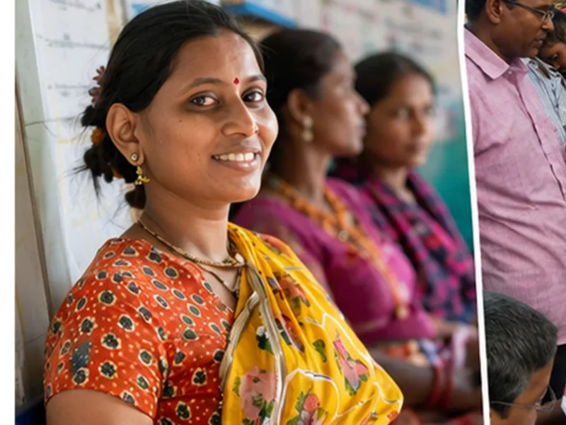 A woman smiling as she waits in line at an outdoor screening camp