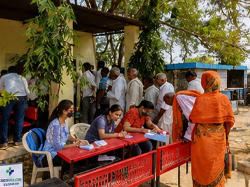Residents registering at red camp desks outside a village health building