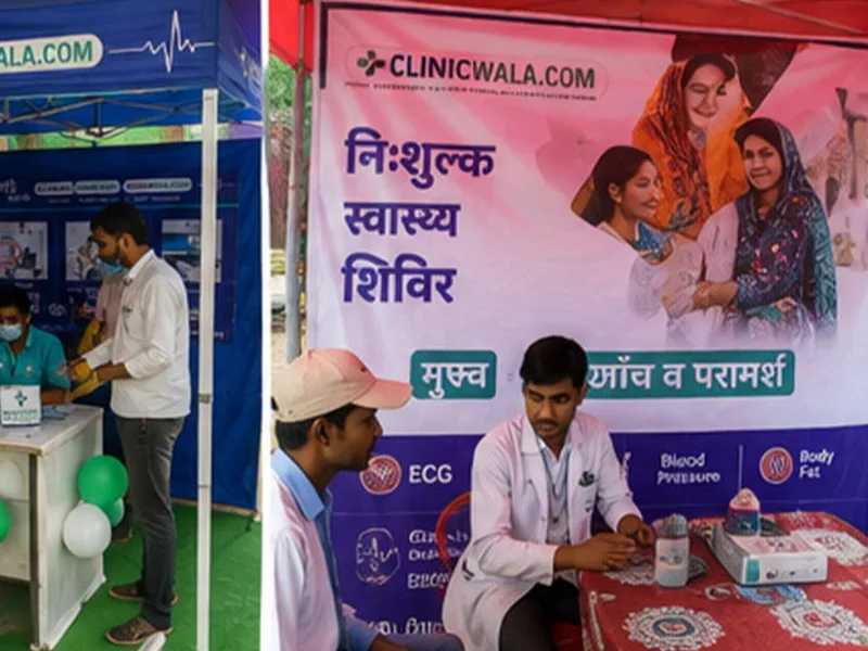 A ClinicWala free health camp stall with branded banners, staff attending visitors at a table