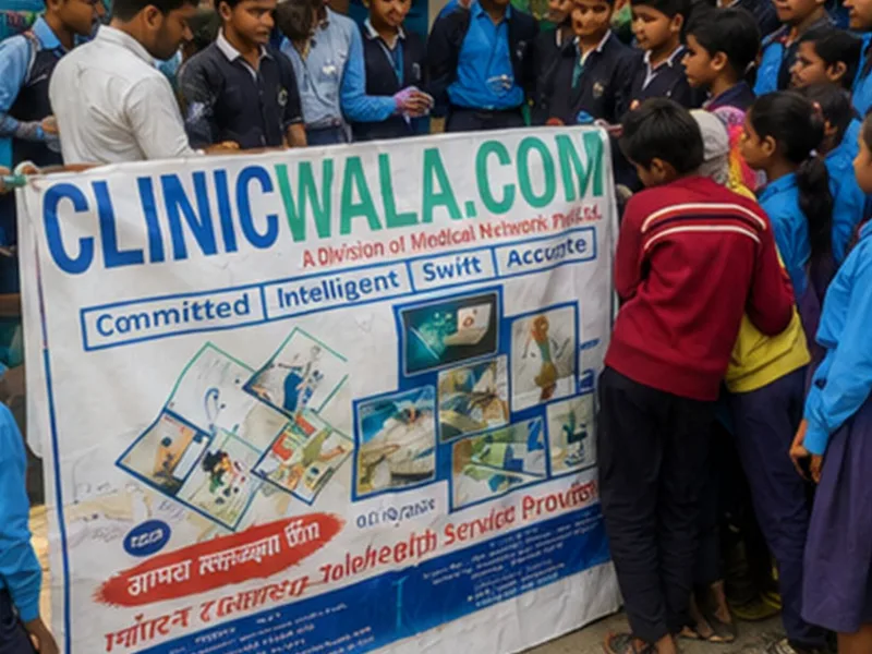 School students gathered around a ClinicWala telehealth services banner