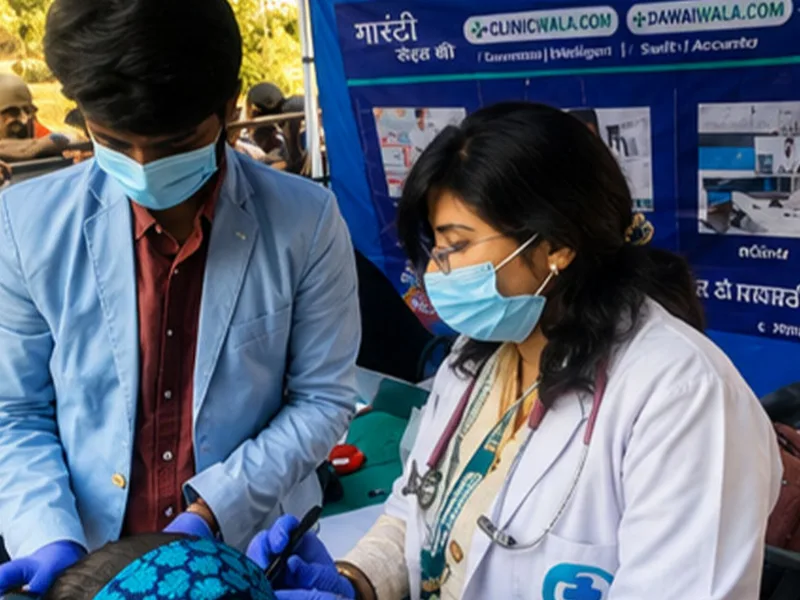 Masked health workers screening a patient under a ClinicWala and DawaiWala branded camp tent