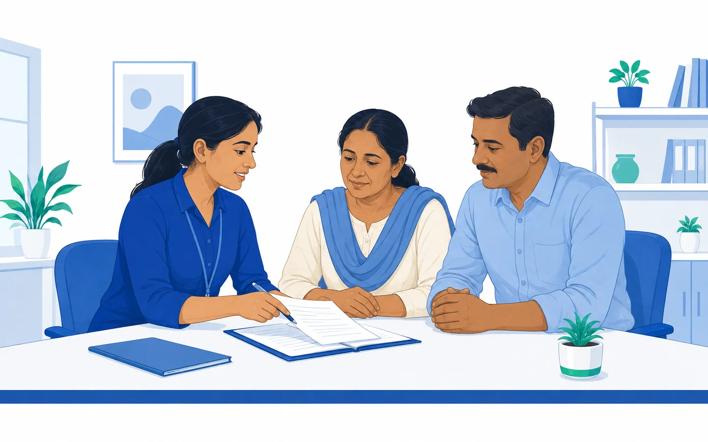 Illustration: a care coordinator going through paperwork with a patient and a family member at a table