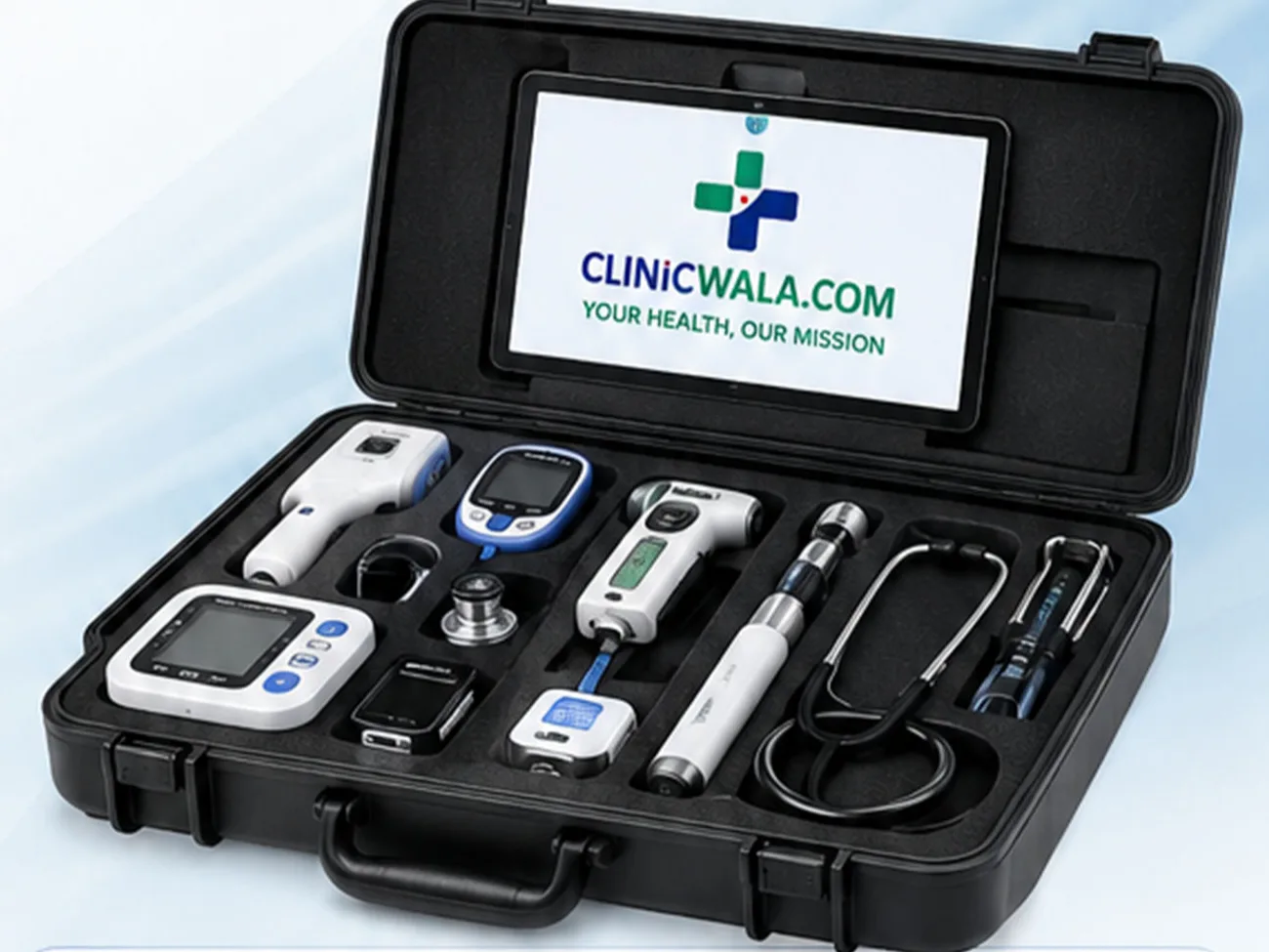Product visual: the Doctor in a Box carry case open — tablet, blood-pressure monitor, glucometer, digital stethoscope, otoscope and other instruments packed in foam