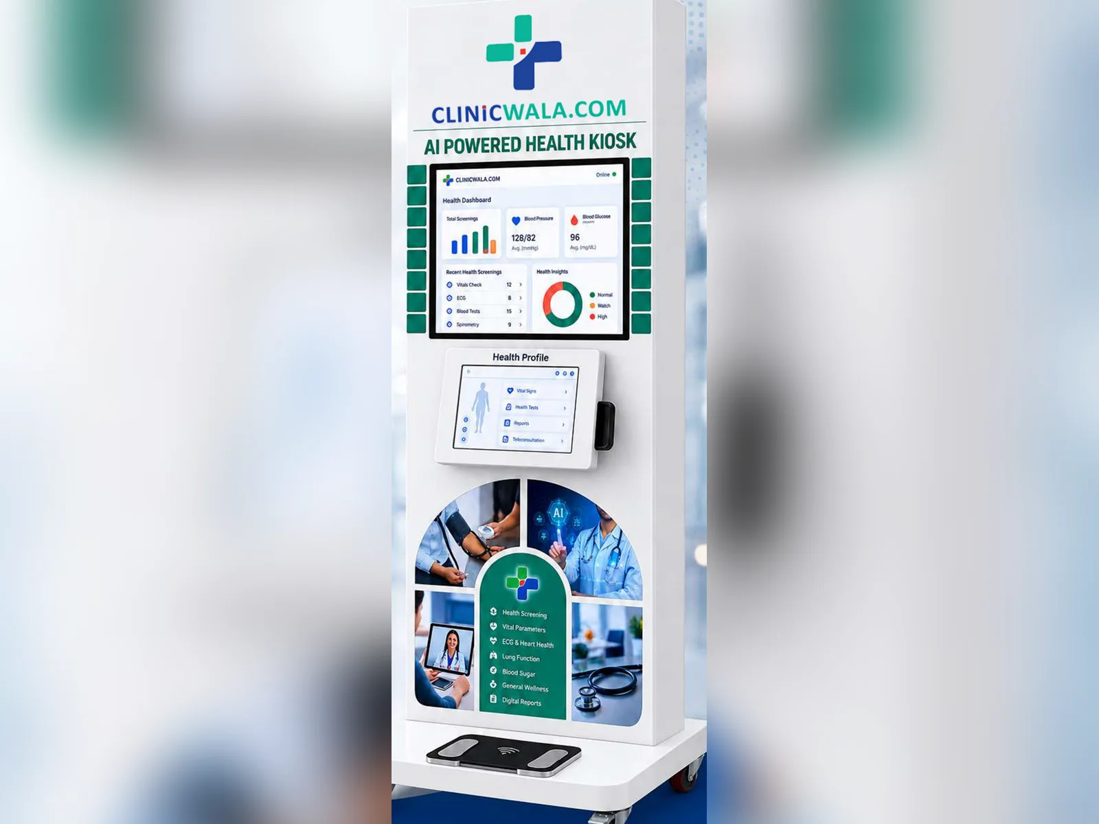 Product visual: the ClinicWala AI-powered Health Kiosk tower — health dashboard screen, patient tablet, integrated screening devices and weighing platform