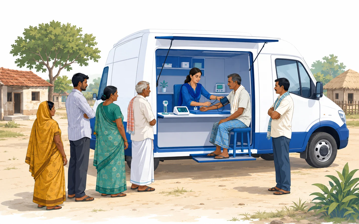 Illustration: a ClinicWala mobile clinic deployed in a village, a health worker checking a patient’s blood pressure at the service window while villagers wait