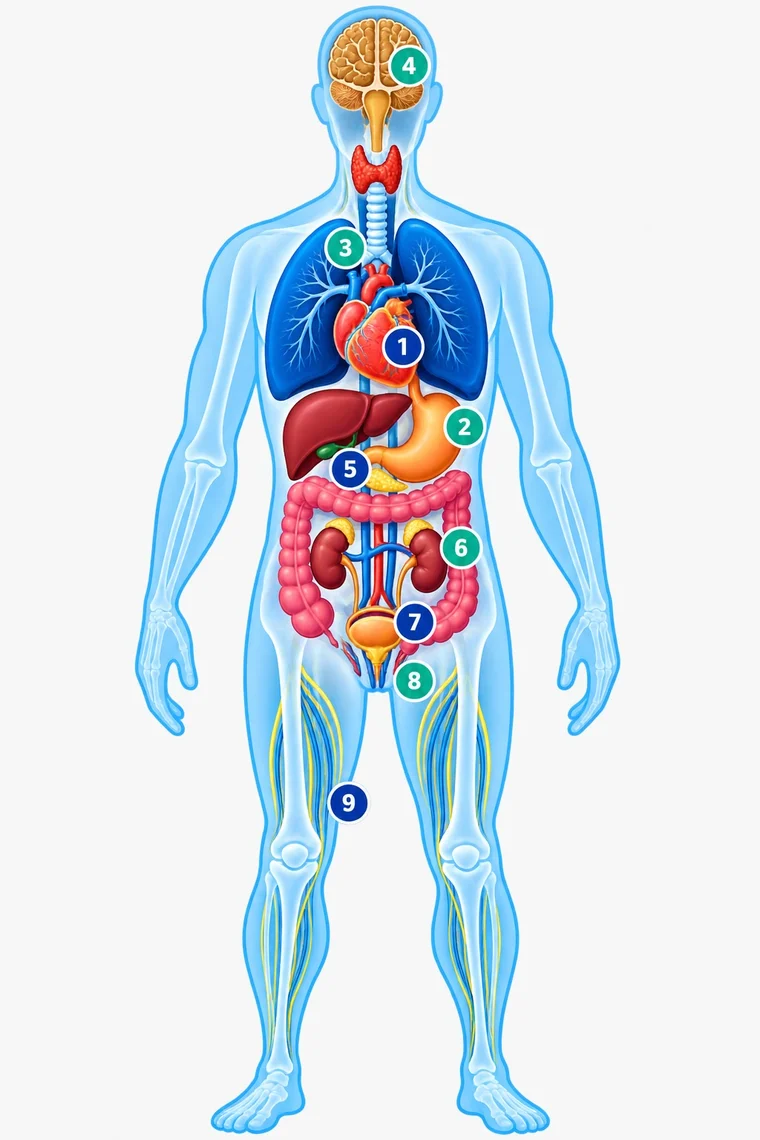 Anatomical illustration with numbered markers over the heart, lungs, brain, digestive organs, kidneys and nerves — the systems an e-clinic screening covers